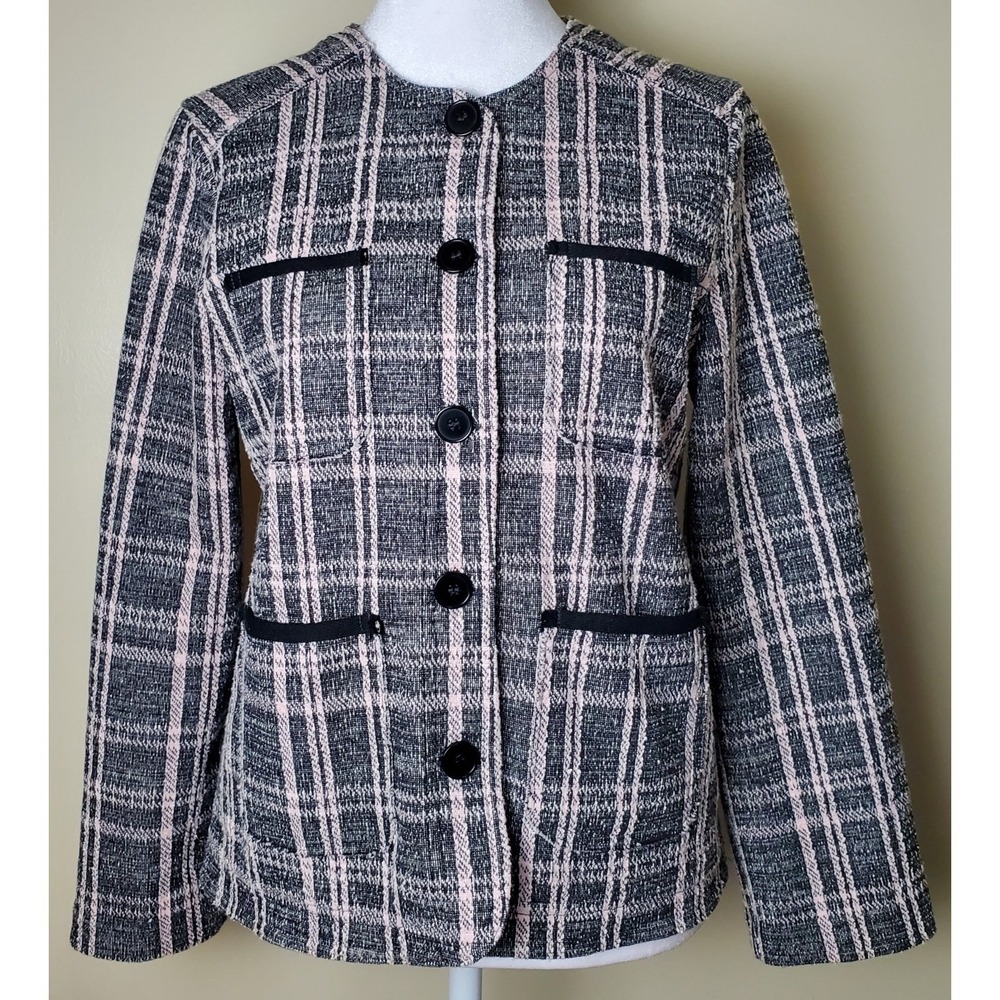 Me+Em Me And Em Tweed Plaid Boucle Jacket Black Pastel Pink Preppy Twee Academia